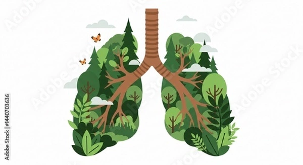 Fototapeta This image illustrates a pair of healthy human lungs as a vibrant green forest ecosystem, symbolizing clean air and the vital connection between nature and respiratory health. 