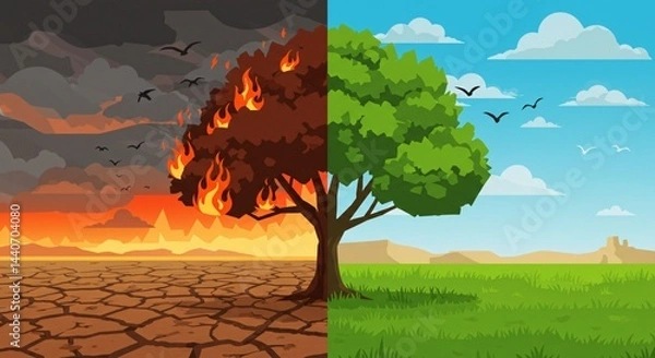 Fototapeta This image dramatically contrasts a healthy, green environment with a dry, burning landscape using a split tree. 