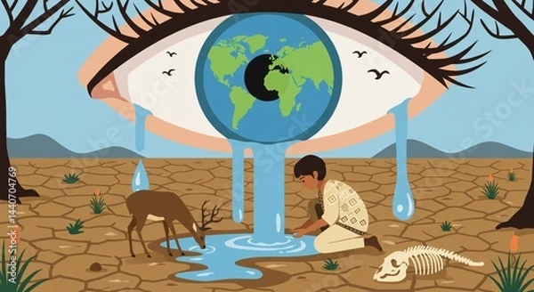 Fototapeta This image depicts a crying eye with the Earth as the iris, shedding tears onto dry, cracked land where a person and deer seek water. 