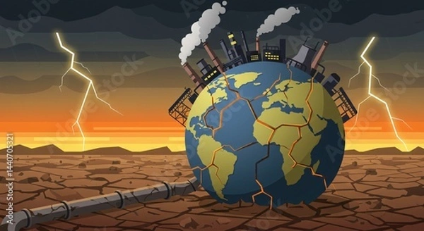 Fototapeta This image illustrates the negative impact of industry and pollution on the Earth, depicting a cracked planet under a stormy sky. It conveys a sense of environmental crisis and destruction.