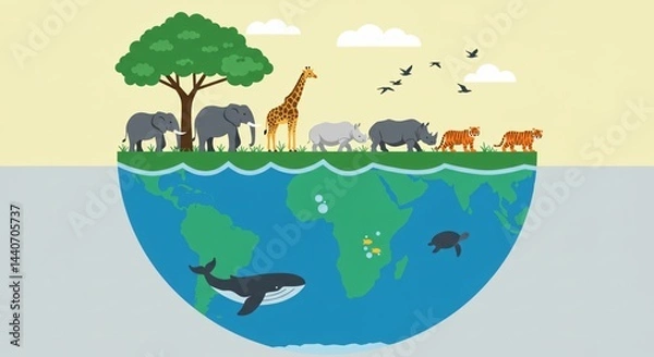 Fototapeta This illustration depicts a cross-section of the Earth showcasing various land and marine animals in their habitats. 