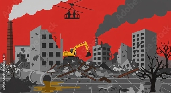 Fototapeta A dystopian industrial city lies in ruins, covered in toxic waste and smoke. Crumbling buildings and dead trees reflect the environmental collapse and human impact.

