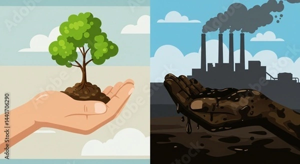 Fototapeta A powerful visual contrast between sustainability and industrial pollution. One hand holds a healthy tree, while the other drips with oil in front of a factory.