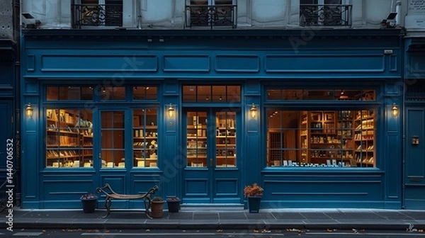 Fototapeta Quaint French vintage commercial storefront, blue painted façade with an elegant vitrine, under soft overcast skies 
