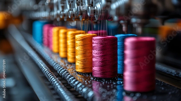 Fototapeta Spools of colorful thread on high-tech machinery, symbolizing innovation in textiles