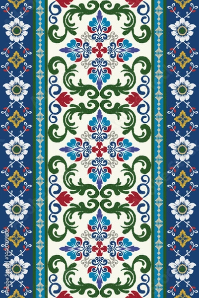 Fototapeta Ikat floral pattern border. Motifs Ikat floral ethnic oriental pattern traditional.Aztec style abstract vector illustration.design for texture, fabric, scarf,background,carpet,rug. Damask rug pattern.