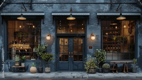 Fototapeta Stylish grey brickwall boutique facade mockup template, with a sophisticated blend of brick and metal finishes, subtle industrial-inspired design 