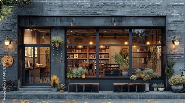 Fototapeta Stylish grey brickwall boutique facade mockup template, with a sophisticated blend of brick and metal finishes, with planter boxes and clean signage area 