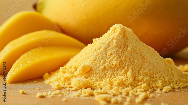 Fototapeta Close-up of freeze-dried mango powder next to fresh juicy mango slices