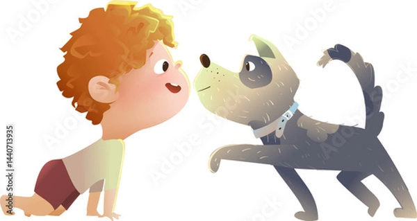 Obraz Curious Little Boy and his Best Friend Dog Meeting and Sniffing each other. Baby boy standing on all four and his puppy, pet friendship cartoon for children. Kids vector illustration clip art.