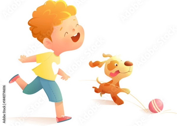 Obraz Little Boy Child Playing with his Puppy Dog Fetching Ball. Active playing with his dog little kid, happy character design. Vector clip art illustration for playful preschool kids and small children.