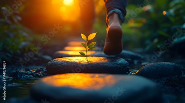 Obraz Person standing on large stepping stones with a plant in hand, symbolizing growth and resilience