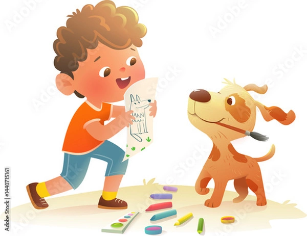 Obraz Creative preschool child boy drawing pictures and play with friend dog. Fun and creative drawing activity for kids with art, craft and painting projects. Vector clip art preschool kids cartoon