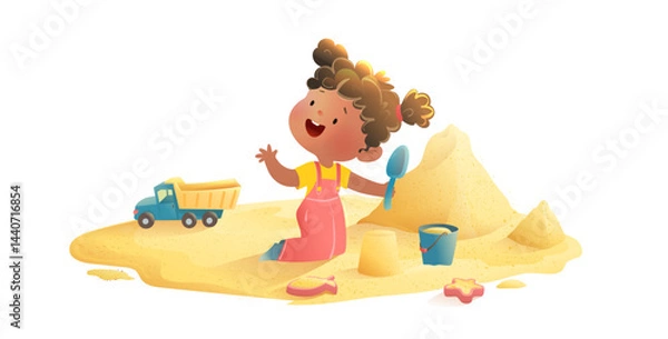 Obraz Cute Little African American Girl playing with Toys and Sand in Sandbox. Small Girl playing outside in playground, happy childhood. Vector isolated clip art cartoon illustration for preschool children