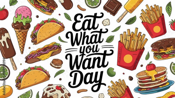Obraz National Eat What You Want Day lettering greeting poster. Fast food and dessert illustration like an ice cream, french fries, tacos generative ai