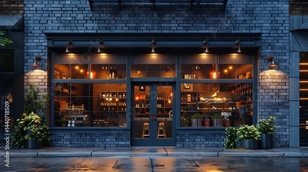 Fototapeta Stylish grey brickwall boutique facade mockup template, with a sophisticated blend of brick and metal finishes, with realistic lighting and shadows 