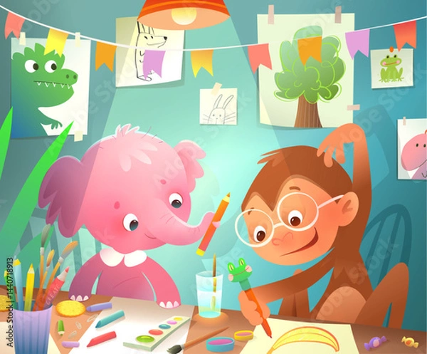 Obraz Animals Monkey and Elephant Creative Arts and Crafts Activities in Classroom or at Home. Kids animals drawing and coloring together at a crafting table. Vector colorful preschool cartoon illustration