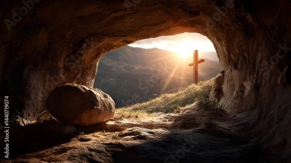 Obraz The Easter Revelation: The sun bursts through the mouth of the tomb casting a bright light over a cross. Symbolizing rebirth and faith in an impactful scene.