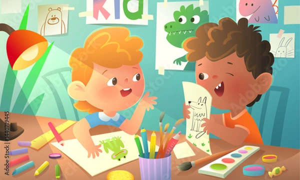 Obraz Preschool Children Girl and Boy Draw, Make Art and Craft in Classroom or at Home. Creative activity for kids with art, craft and painting projects. Vector colorful kindergarten cartoon illustration