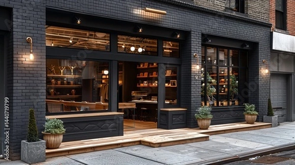 Fototapeta Stylish grey brickwall boutique facade mockup template, with a sophisticated blend of brick and metal finishes, in soft daylight 