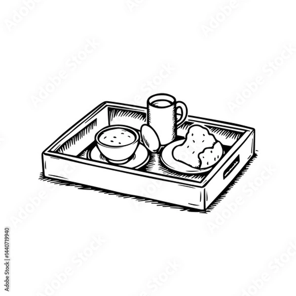 Fototapeta Breakfast on a tray, black and white drawing, for blogs, with copy space