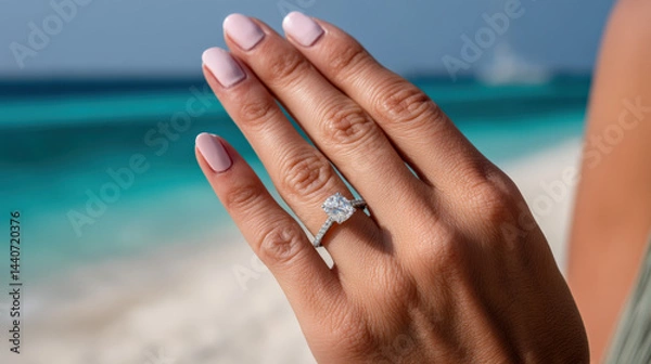 Obraz Shining Promise: A diamond ring gleams on a hand against a beautiful beach scene, symbolizing love and commitment amidst the serene coastal setting.