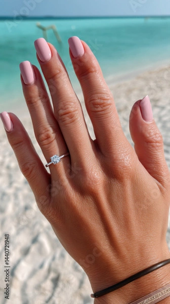 Obraz Sparkling Engagement: A close-up of an elegant hand displays a stunning engagement ring. The radiant ring takes center stage, sparkling brilliantly against the sun-kissed skin.