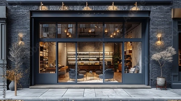 Fototapeta Stylish grey brickwall boutique facade mockup template, with a sophisticated blend of brick and metal finishes, elegant urban storefront concept 