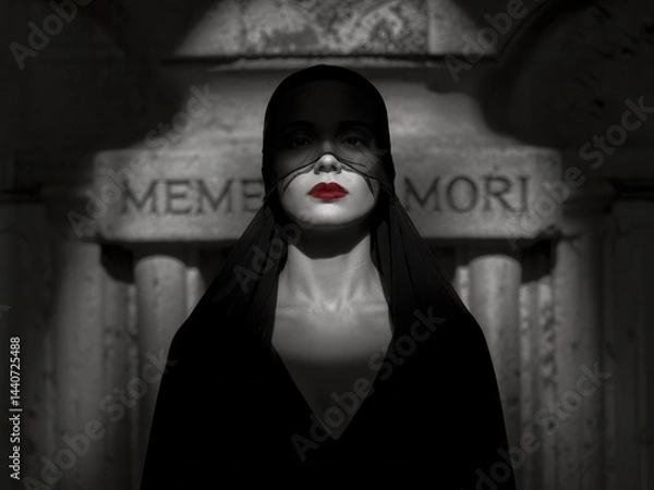 Obraz Gothic Woman Portrait with Red Lips and Memento Mori Background