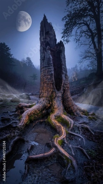 Obraz Haunted Ancient Tree With Glowing Roots Under Full Moon in a Dark Landscape