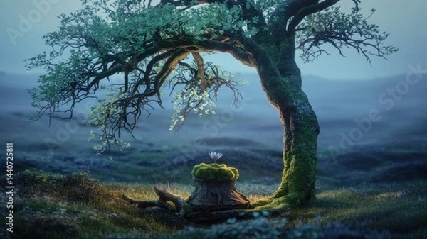Obraz Enchanted Tree With Glowing Flowers in a Mystical Landscape for Halloween Night