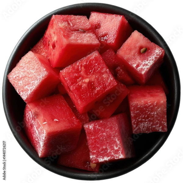 Obraz Fresh Watermelon Cubes in a Black Bowl For Refreshing Summer Delight Transparent Background