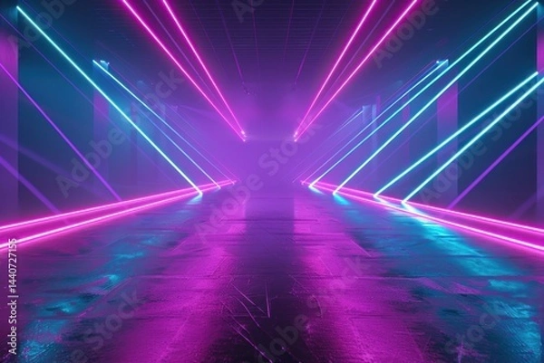 Fototapeta Neon Lights Corridor, Futuristic Synthwave Dreamscape
