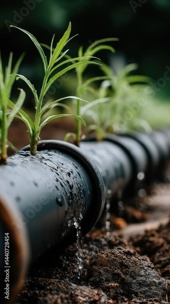 Fototapeta Strawberry flowers flourishing alongside black irrigation pipes in a close-up view showcasing growth and nurturing in a garden setting