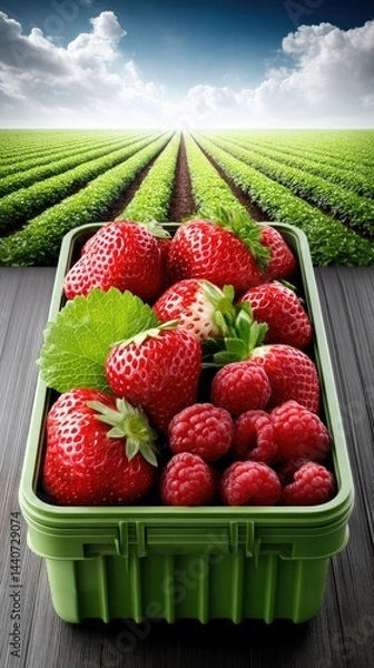 Fototapeta Close-up view of fresh strawberries in a green straw box at an American strawberry farm under a clear blue sky