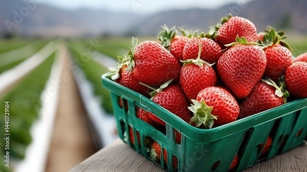 Fototapeta Close-up view of fresh strawberries in a green straw box at an American strawberry farm under a clear blue sky