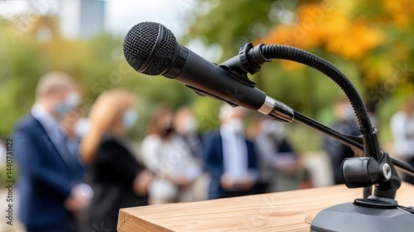 Fototapeta Open stage setup features microphone in front with a blurred audience present, capturing the anticipation of live performance under natural lighting