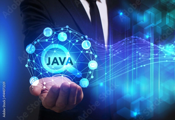 Fototapeta Business, Technology, Internet and network concept. Young businessman working on a virtual screen of the future and sees the inscription: Java