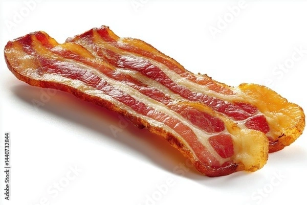 Fototapeta Single crispy bacon strip on white background, curled with golden edges