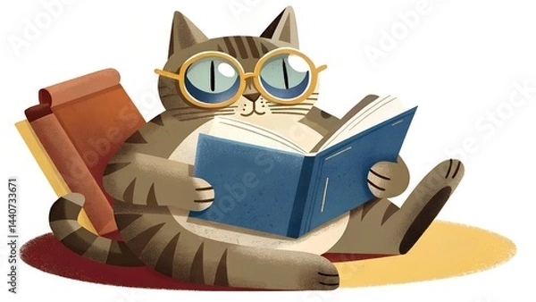 Fototapeta Relaxed cat reading a book in a cozy environment  