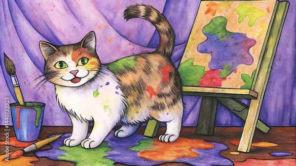 Fototapeta Colorful cat painting joyfully in a creative art studio  