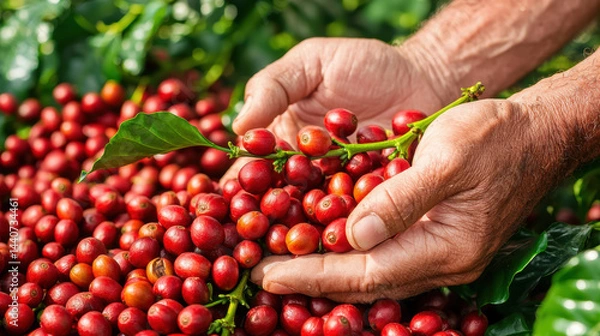 Fototapeta Ripe red coffee cherry fruit held in hands with green leaf and fresh coffee beans in background