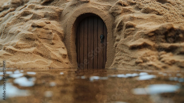 Fototapeta Close up view of wooden door embedded sand structure with wet sand texture and water reflections creating mysterious atmosphere