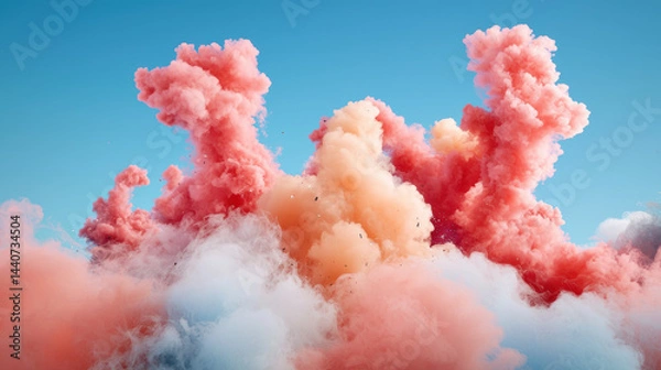 Fototapeta Colorful smoke clouds and particles rise against clear blue sky creating vibrant and dynamic scene full of energy and motion