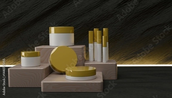 Fototapeta Elegant Skincare and Cosmetic Products Displayed in 3D with Dark Luxury Background