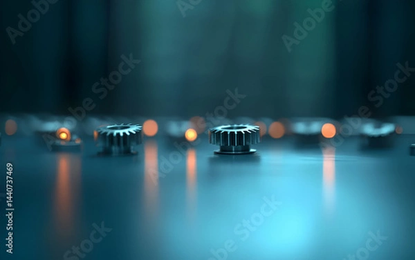 Obraz Close-up view of metallic gears illuminated by soft light, showcasing precision engineering and industrial design.
