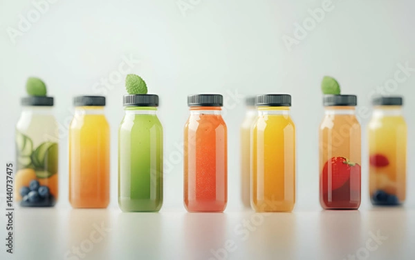Obraz Colorful array of bottled juices showcasing fresh fruit flavors for a refreshing beverage experience.