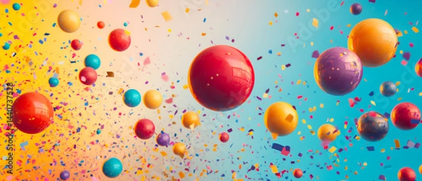 Obraz Colorful balls floating in the air, surrounded by confetti, creating a festive and joyful atmosphere.