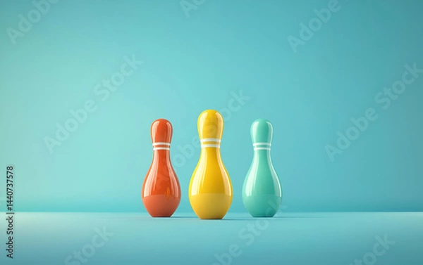 Obraz Colorful bowling pins arranged in a row against a soft blue backdrop, perfect for leisure and sports-related themes.