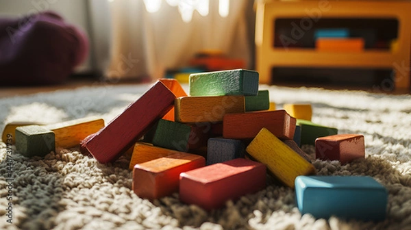 Obraz Colorful building blocks scattered on a cozy carpet, inviting play and creativity in a bright room filled with light.